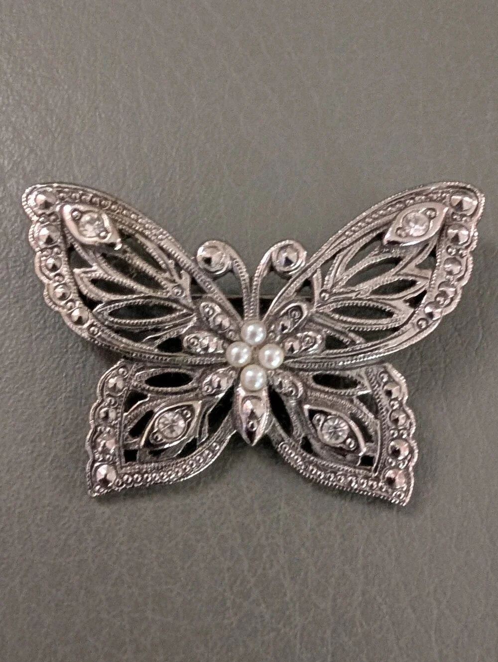 Vintage Avon Butterfly Brooch with Faux Pearl And Clear Rhinestone Accents